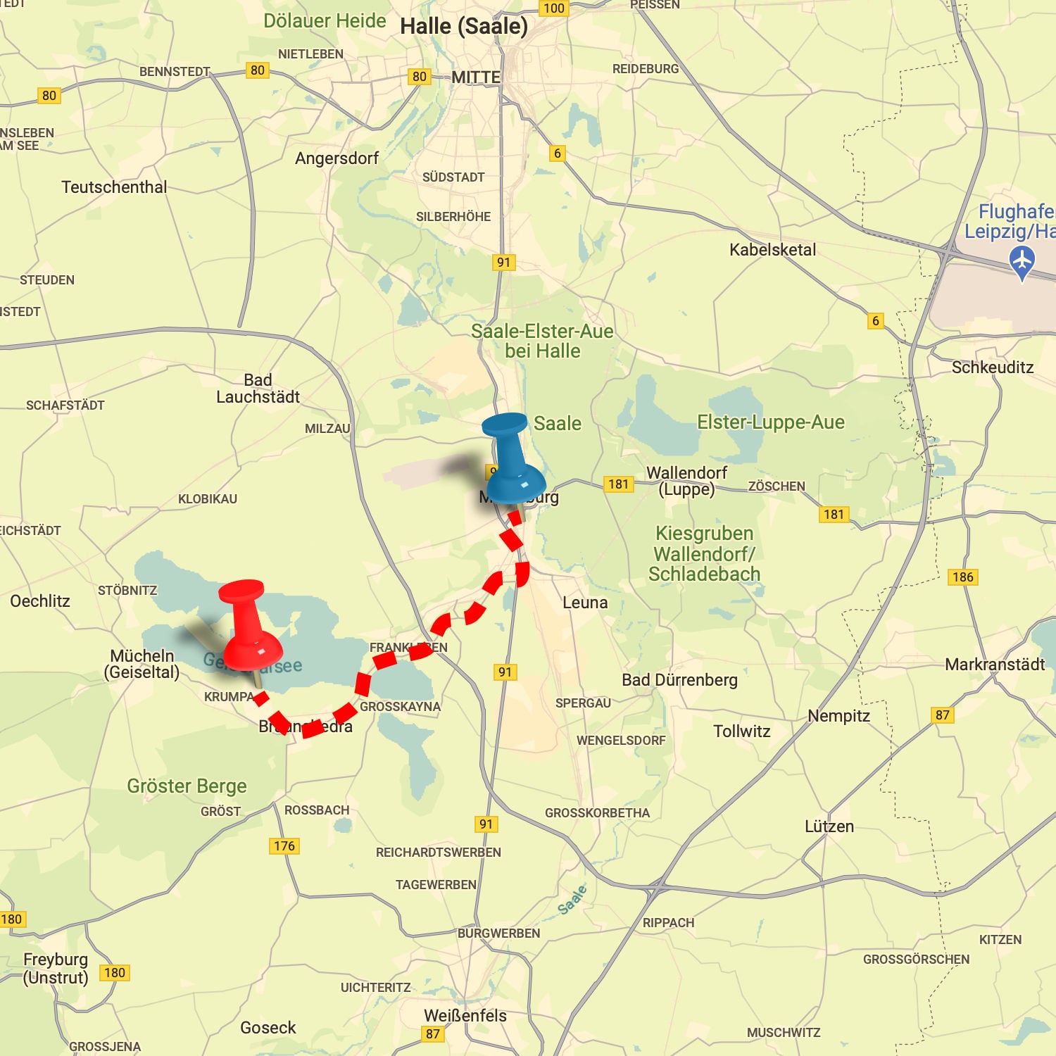 Tour mit eSchwalbe von Merseburg zum Geiseltalsee / Marina - Kartenansicht